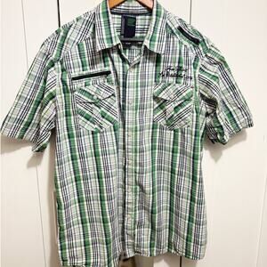 Koman Jeans Green Plaid Button-Up Shirt Men’s 2XL Short Sleeve Western